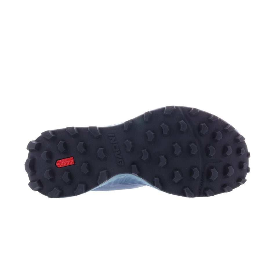 Right shoe outsole view of INOV8 Women's Mudtalon Running Shoes in Storm Blue/Navy (8191016861858)