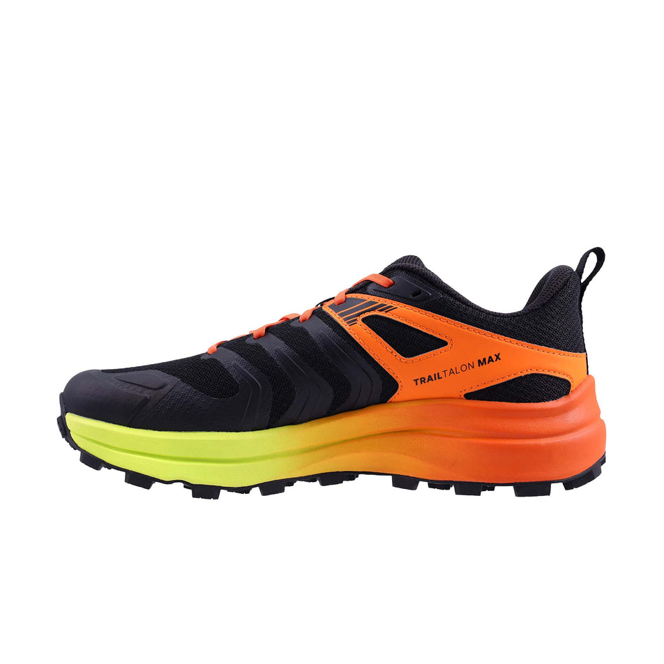 Medial view of the right shoe from a pair of INOV8 Men's Trailtalon Max Running Shoes in the Black/Orange/Lime colourway.