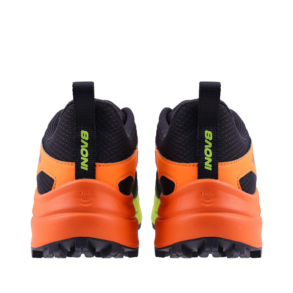 The back of a pair of INOV8 Men's Trailtalon Max Running Shoes in the Black/Orange/Lime colourway.