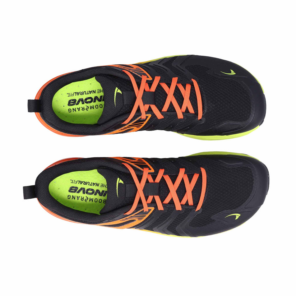 The uppers of a pair of INOV8 Men's Trailtalon Max Running Shoes in the Black/Orange/Lime colourway.