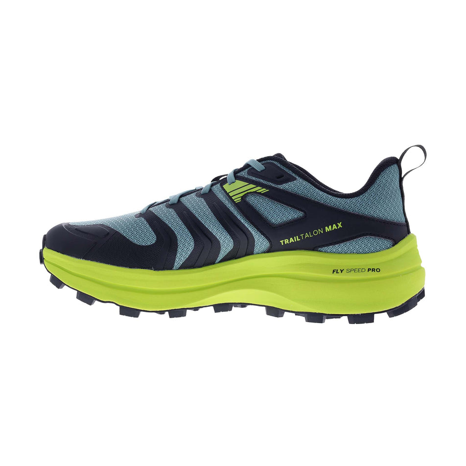 Medial view of the right shoe from a pair of INOV8 Men's Trailtalon Max Running Shoes in the Dark Green/Green colourway.