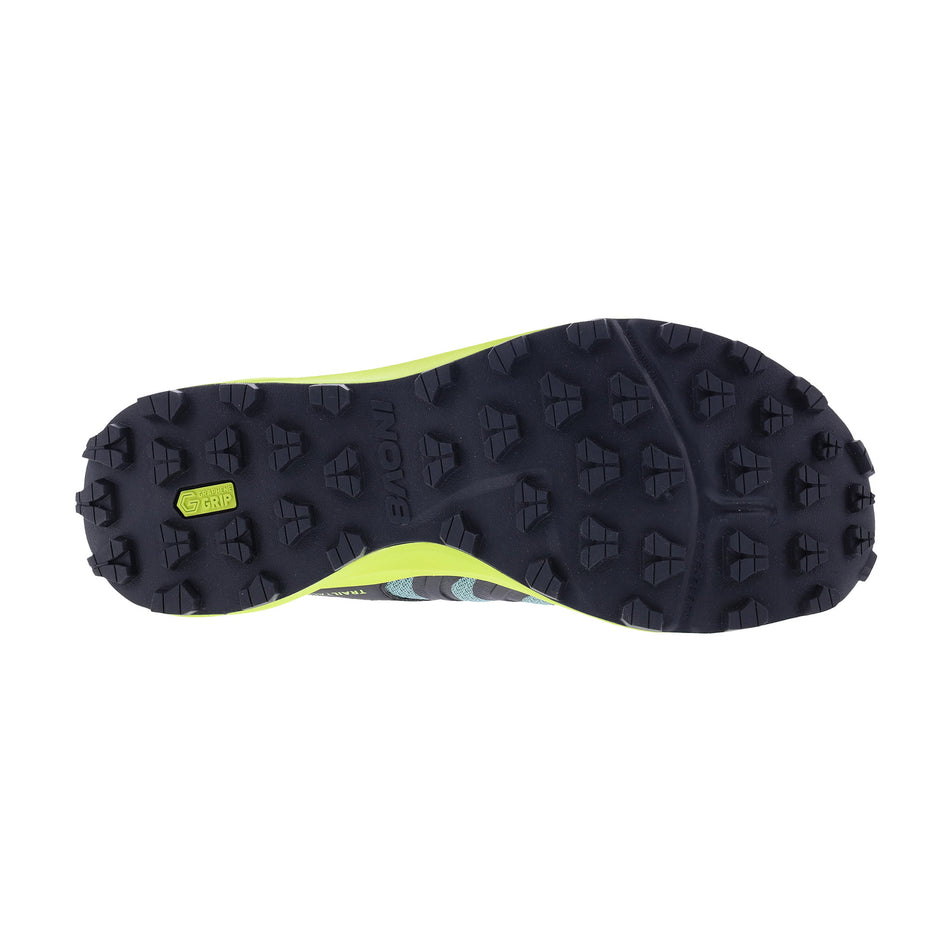 The outsole of the right shoe from a pair of INOV8 Men's Trailtalon Max Running Shoes in the Dark Green/Green colourway.