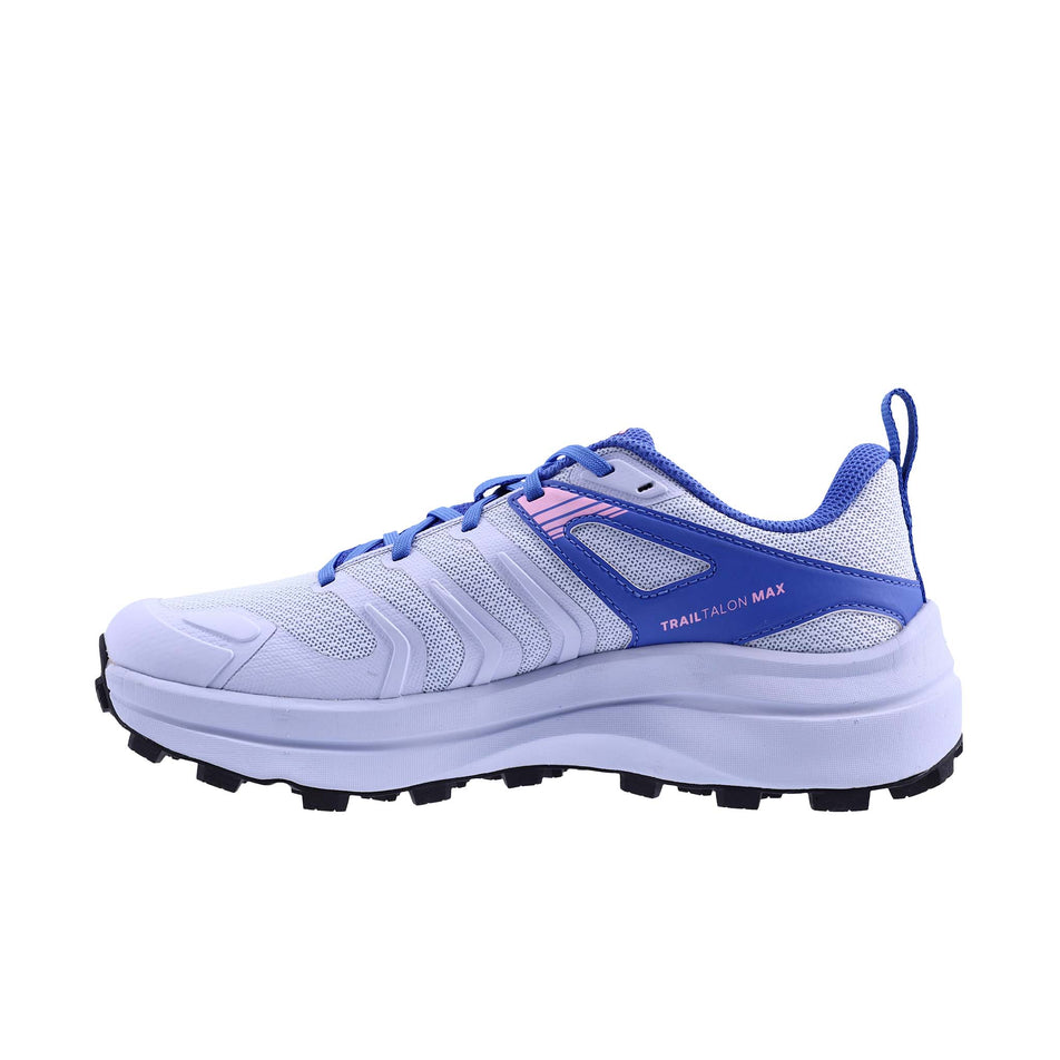 Medial view of the right shoe from a pair of INOV8 Women's Trailtalon Max Running Shoes in the Light Blue/Blue colourway.