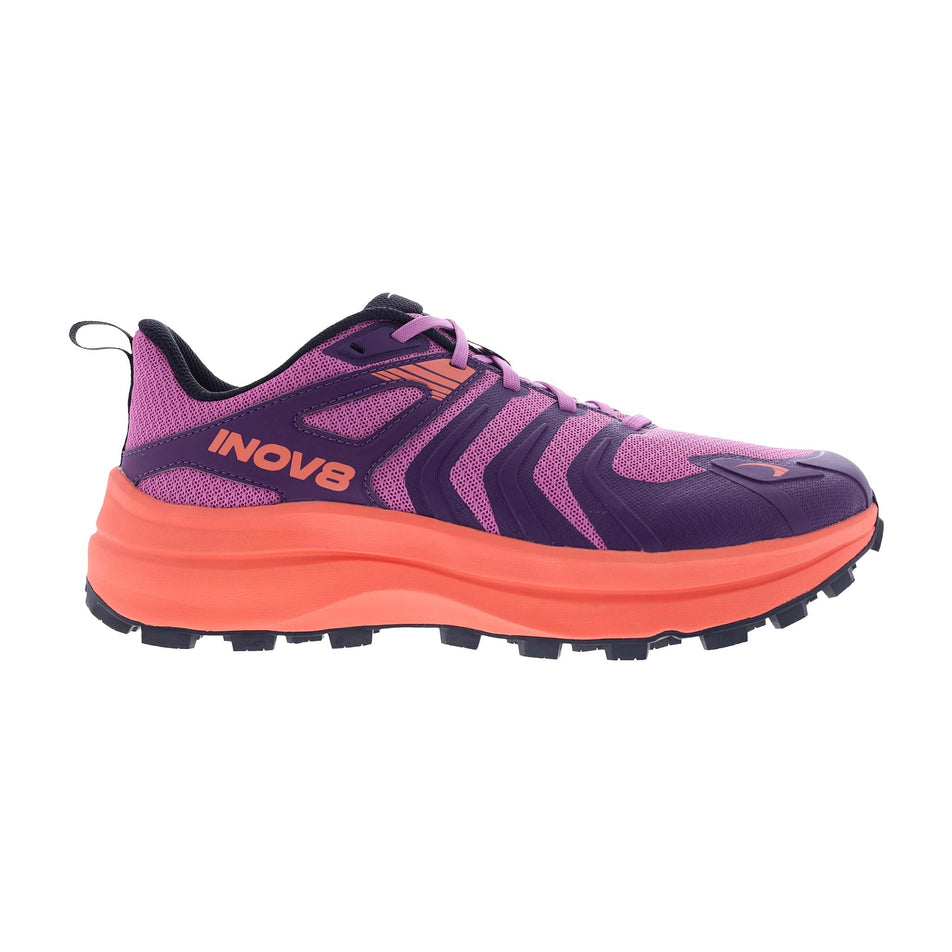 Lateral view of the right shoe from a pair of INOV8 Women's Trailtalon Max Running Shoes in the Purple/Coral colourway.