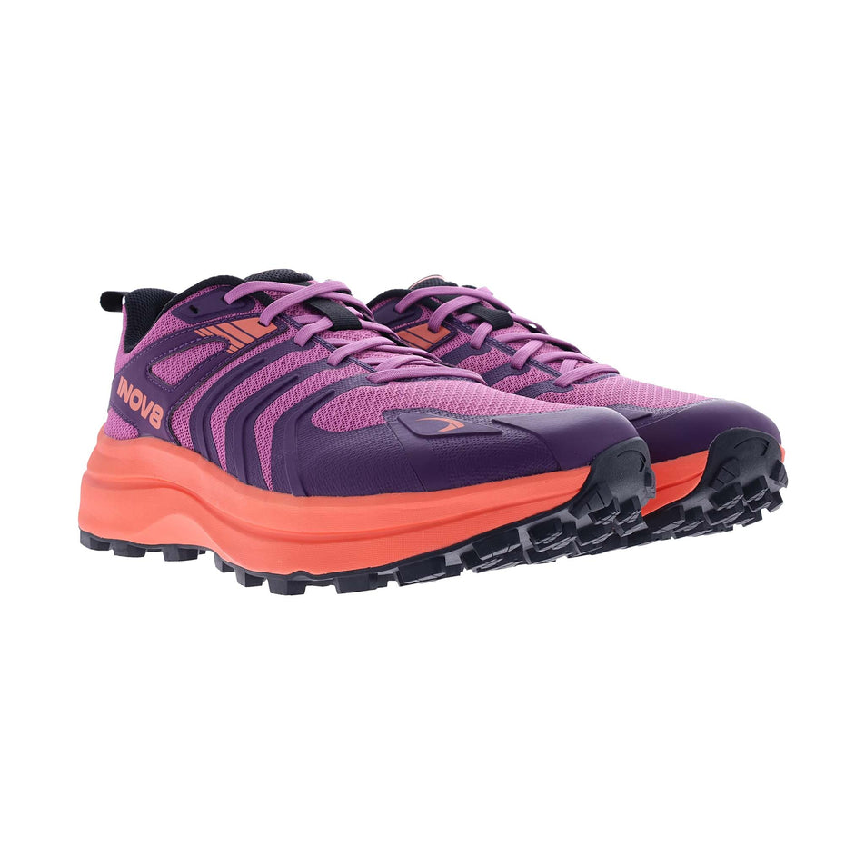 A pair of INOV8 Women's Trailtalon Max Running Shoes in the Purple/Coral colourway.