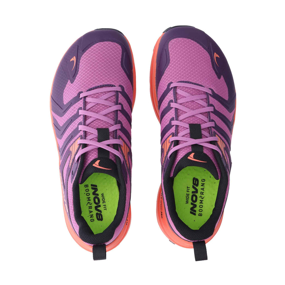 The uppers of a pair of INOV8 Women's Trailtalon Max Running Shoes in the Purple/Coral colourway.