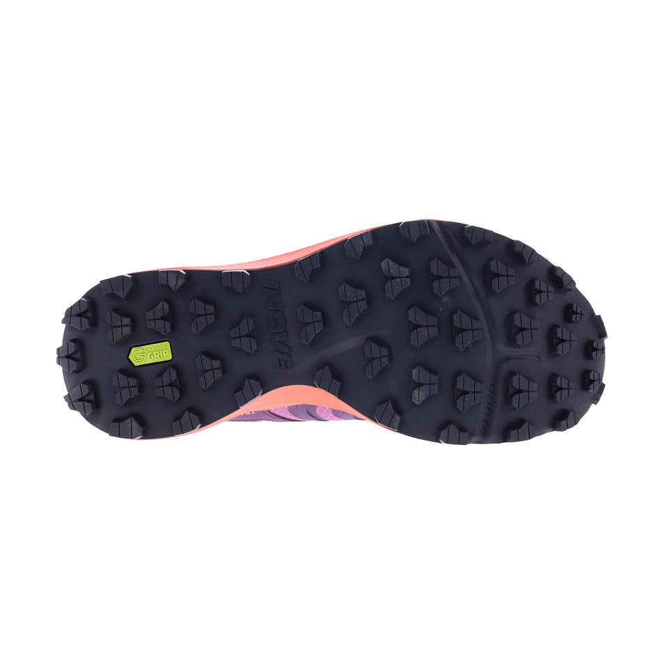 The outsole of the right shoe from a pair of INOV8 Women's Trailtalon Max Running Shoes in the Purple/Coral colourway.