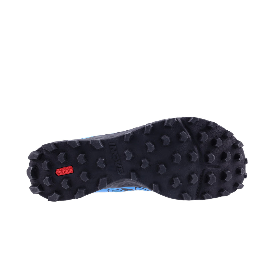 The outsole of the right shoe from a pair of INOV8 Men's Mudtalon™ V2 Running Shoes in the Blue/Black colourway.