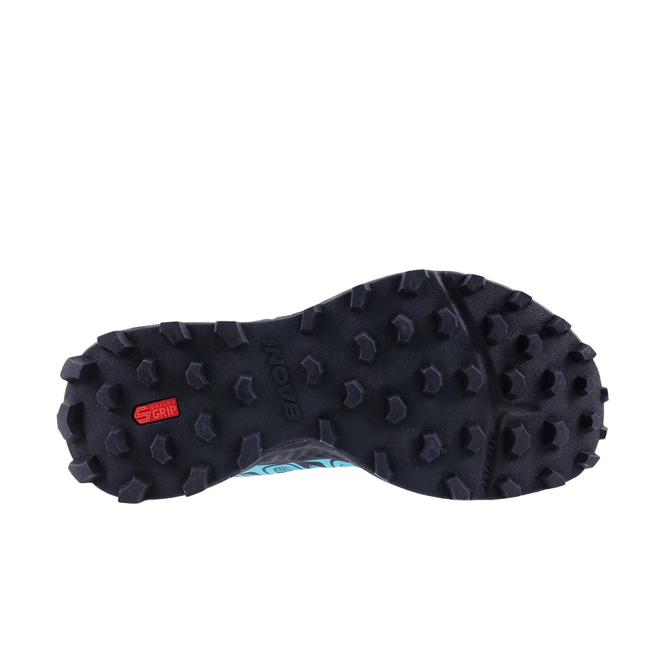 The outsole of the right shoe from a pair of INOV8 Women's Mudtalon™ V2 Running Shoes in the Teal/Black colourway.