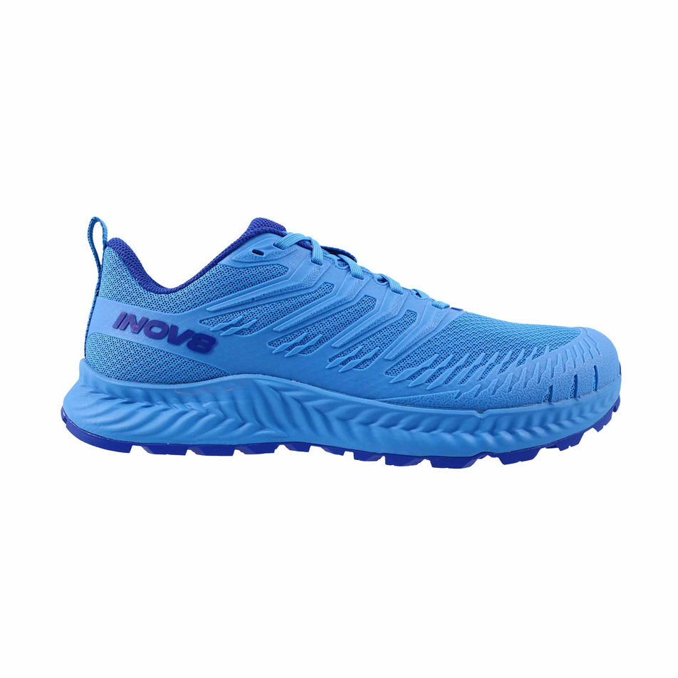 Lateral view of the right shoe from a pair of INOV8 Men's TrailFly V2 Running Shoes in the Blue colourway.