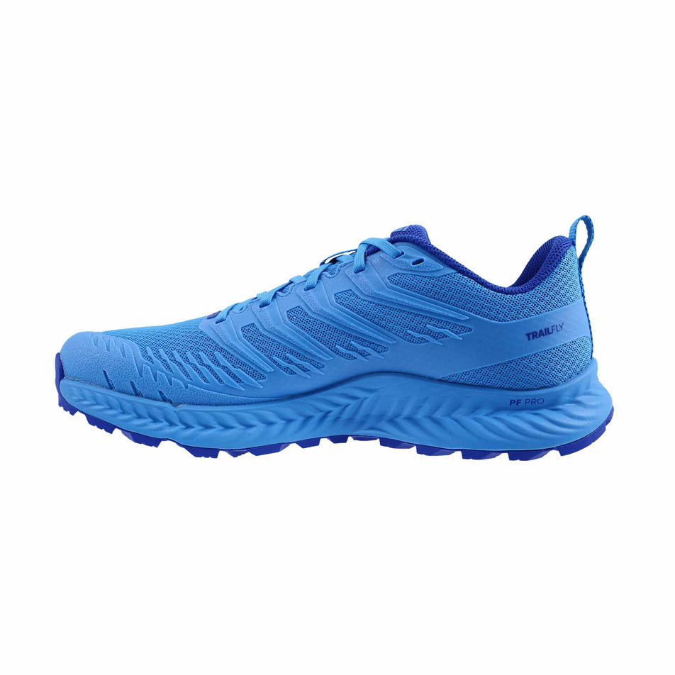 Medial view of the right shoe from a pair of INOV8 Men's TrailFly V2 Running Shoes in the Blue colourway.