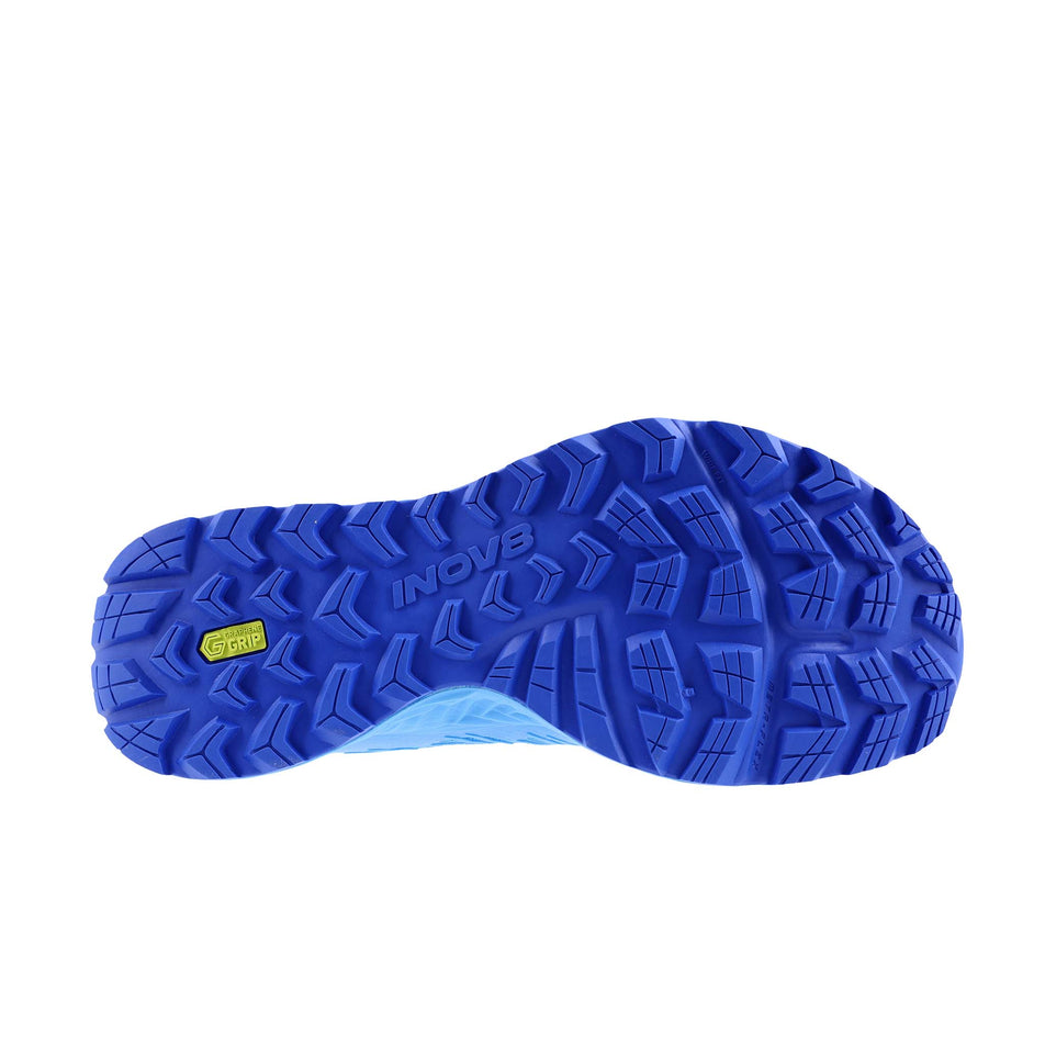 The outsole of the right shoe from a pair of INOV8 Men's TrailFly V2 Running Shoes in the Blue colourway.