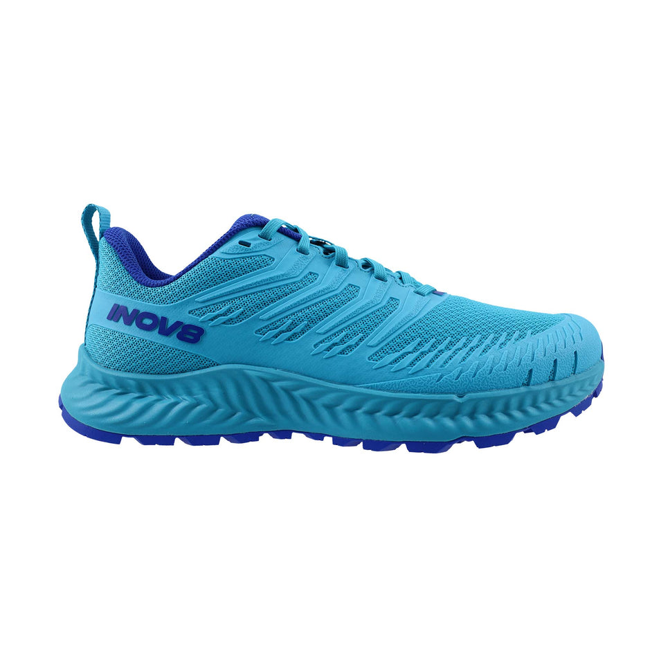 Lateral view of the right shoe from a pair of INOV8 Women's TrailFly V2 Running Shoes in the Teal colourway.