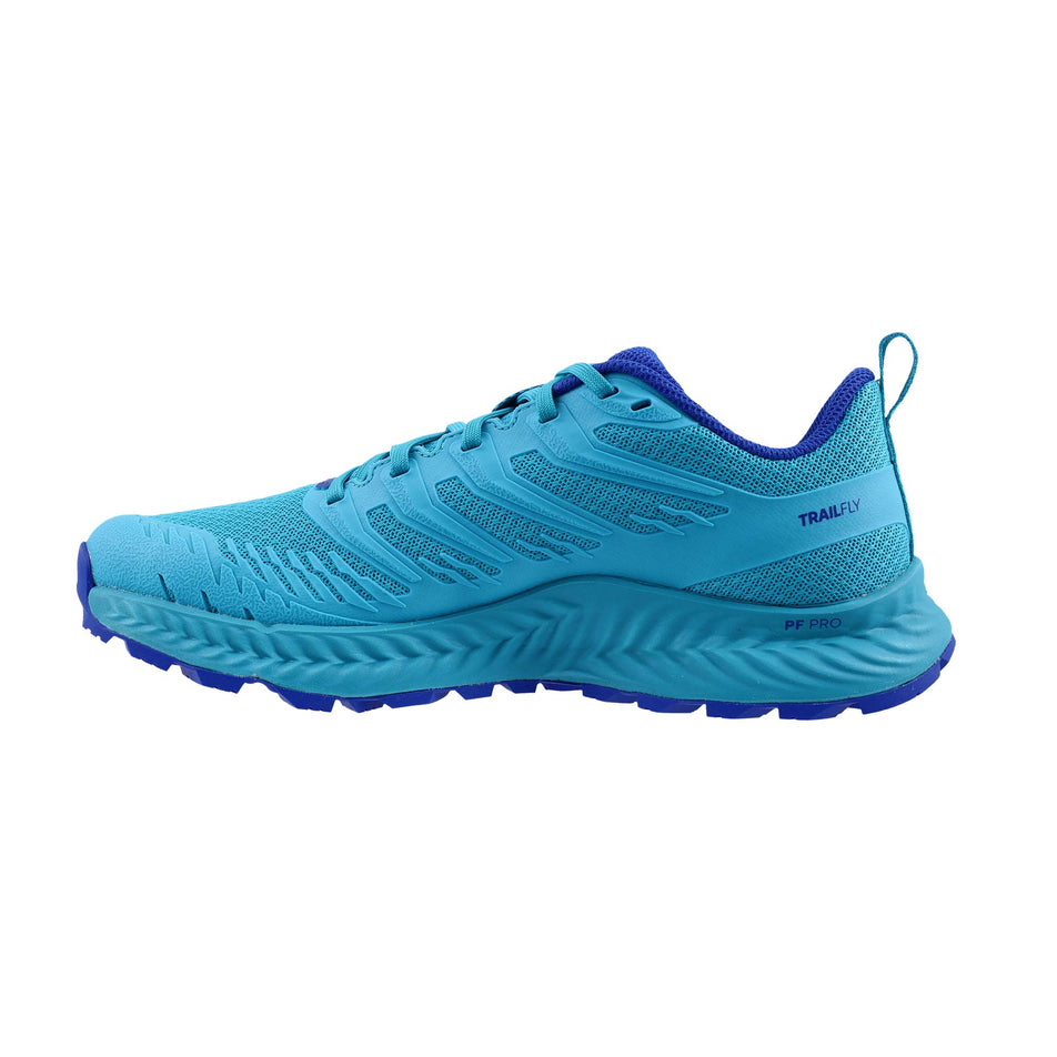 Medial view of the right shoe from a pair of INOV8 Women's TrailFly V2 Running Shoes in the Teal colourway.