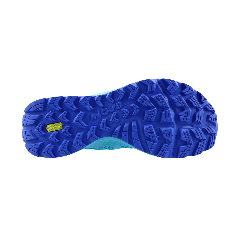 The outsole of the right shoe from a pair of INOV8 Women's TrailFly V2 Running Shoes in the Teal colourway.