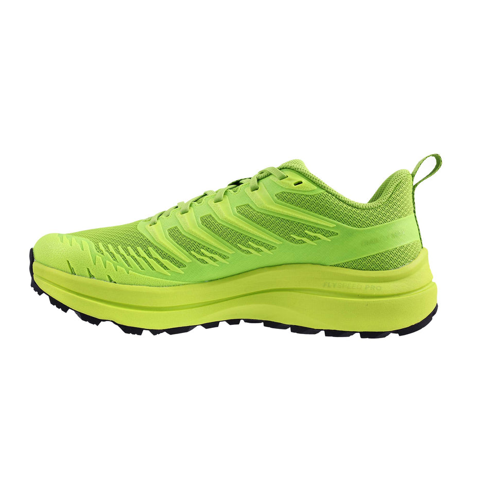 Medial view of the right shoe from a pair of INOV8 Men's TrailFly™ Max V2 Running Shoes in the Green colourway.