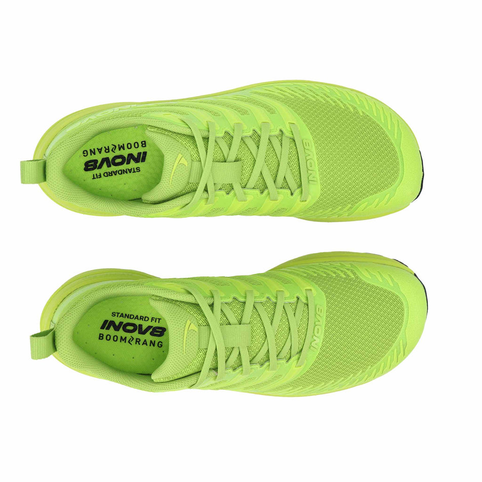 The uppers of a pair of INOV8 Men's TrailFly™ Max V2 Running Shoes in the Green colourway.