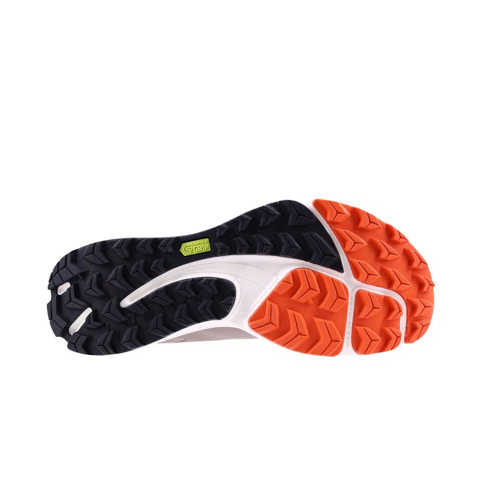 The outsole of the right shoe from a pair of INOV8 Men's TrailFly Pro Running Shoes in the Light Brown/Orange colourway.