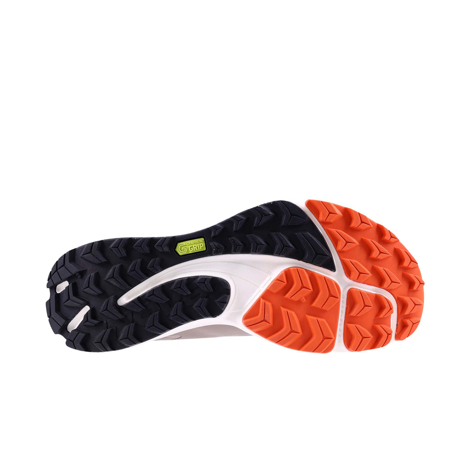 The outsole of the right shoe from a pair of INOV8 Women's TrailFly Pro Running Shoes in the Light Brown/Orange colourway.