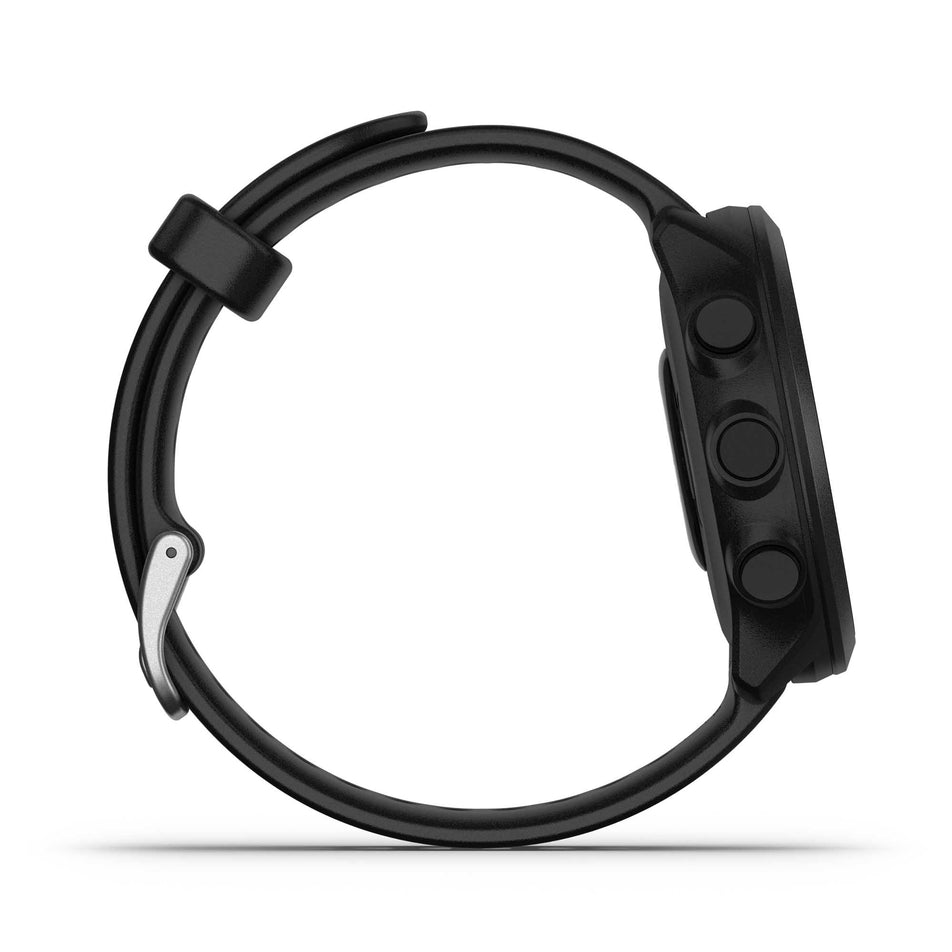 Side view of the unisex Garmin Forerunner 55 Running Watch in the Black colourway.