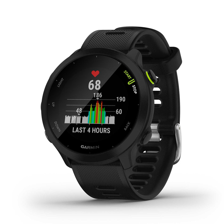 Heart rate view on the unisex Garmin Forerunner 55 Running Watch in the Black colourway.