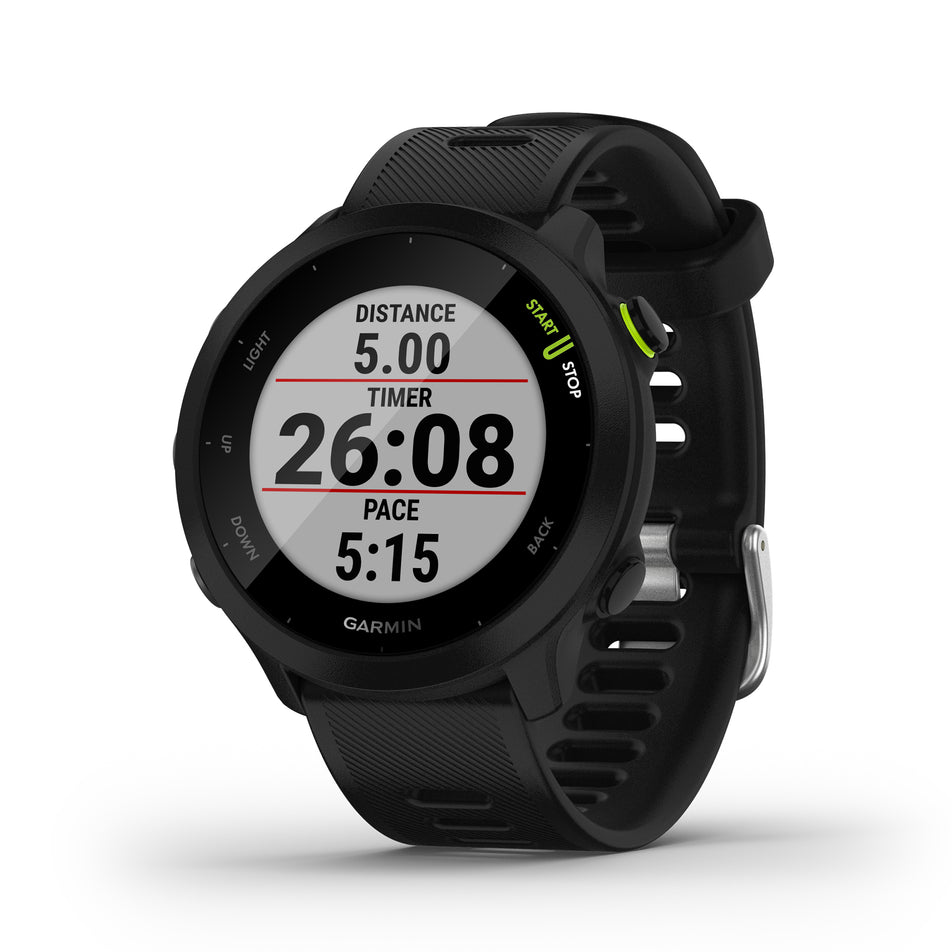 Running stats view on the unisex Garmin Forerunner 55 Running Watch in the Black colourway. 