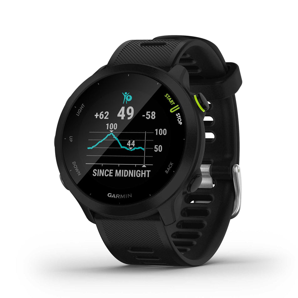 Elevation view on the unisex Garmin Forerunner 55 Running Watch in the Black colourway.