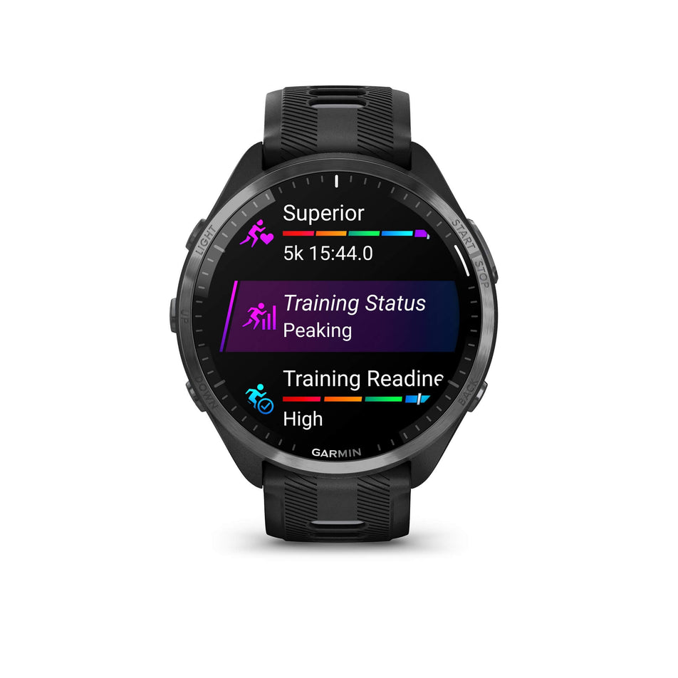 The front of a Garmin Forerunner 965 Running Smartwatch. Carbon Grey DLC Titanium Bezel with Black Case and Black/Powder Grey Silicone Band. Example of Training Status showing on screen. (7909894389922)