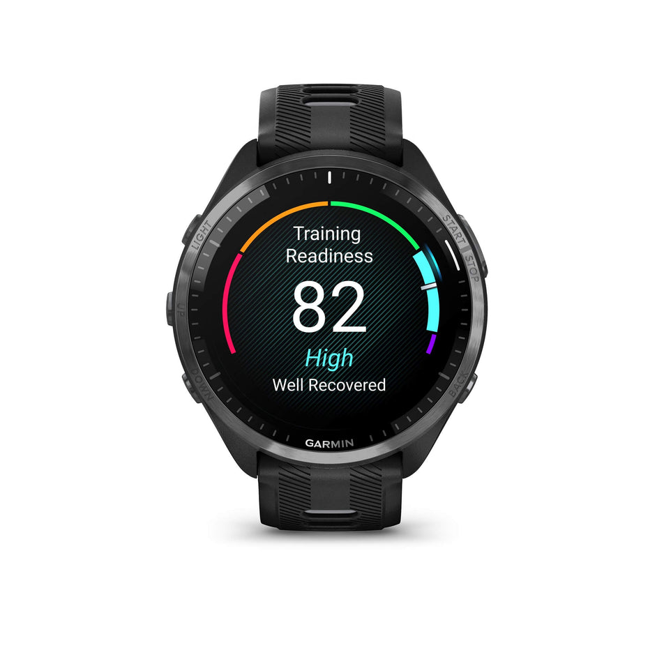 The front of a Garmin Forerunner 965 Running Smartwatch. Carbon Grey DLC Titanium Bezel with Black Case and Black/Powder Grey Silicone Band. Example of Training Readiness score showing on screen.(7909894389922)
