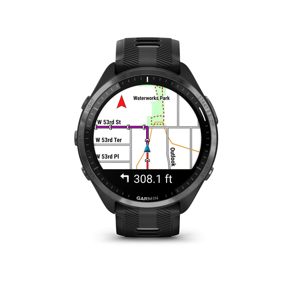The front of a Garmin Forerunner 965 Running Smartwatch. Carbon Grey DLC Titanium Bezel with Black Case and Black/Powder Grey Silicone Band. Example of a route map showing on screen. (7909894389922)