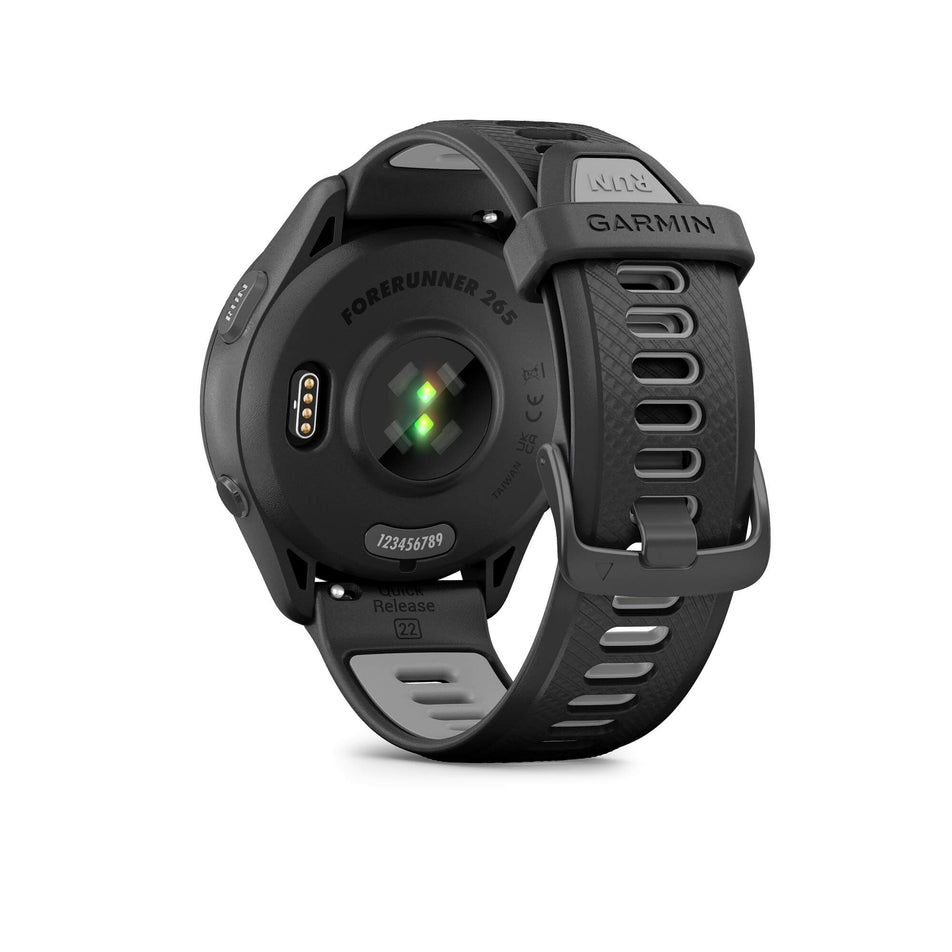 Back view of a Garmin Forerunner 265 Running Smartwatch in the black colourway. Wrist-based heart rate monitor sensor is visible. (7909875974306)