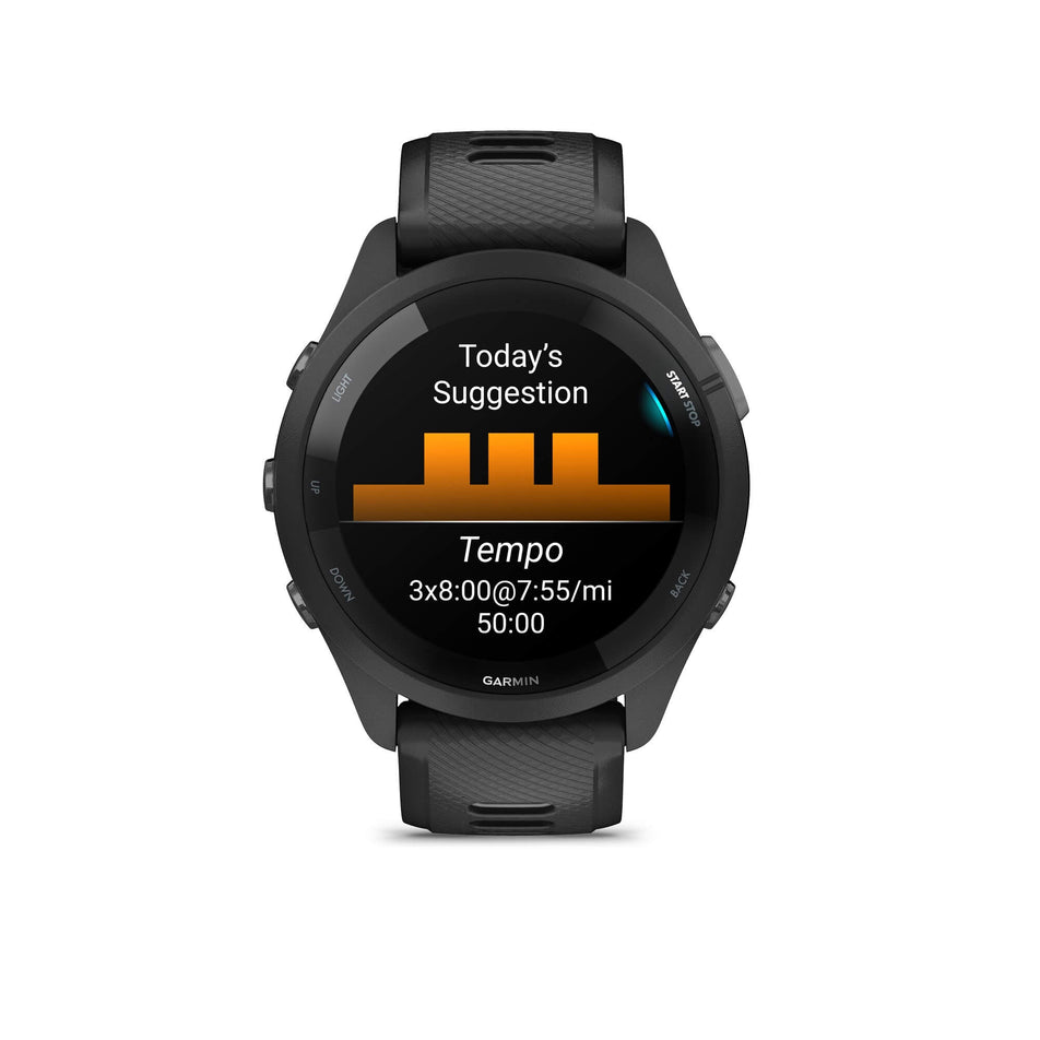 Front view of a Garmin Forerunner 265 Running Smartwatch in the black colourway. Example of a suggested workout is visible on the screen. (7909875974306)