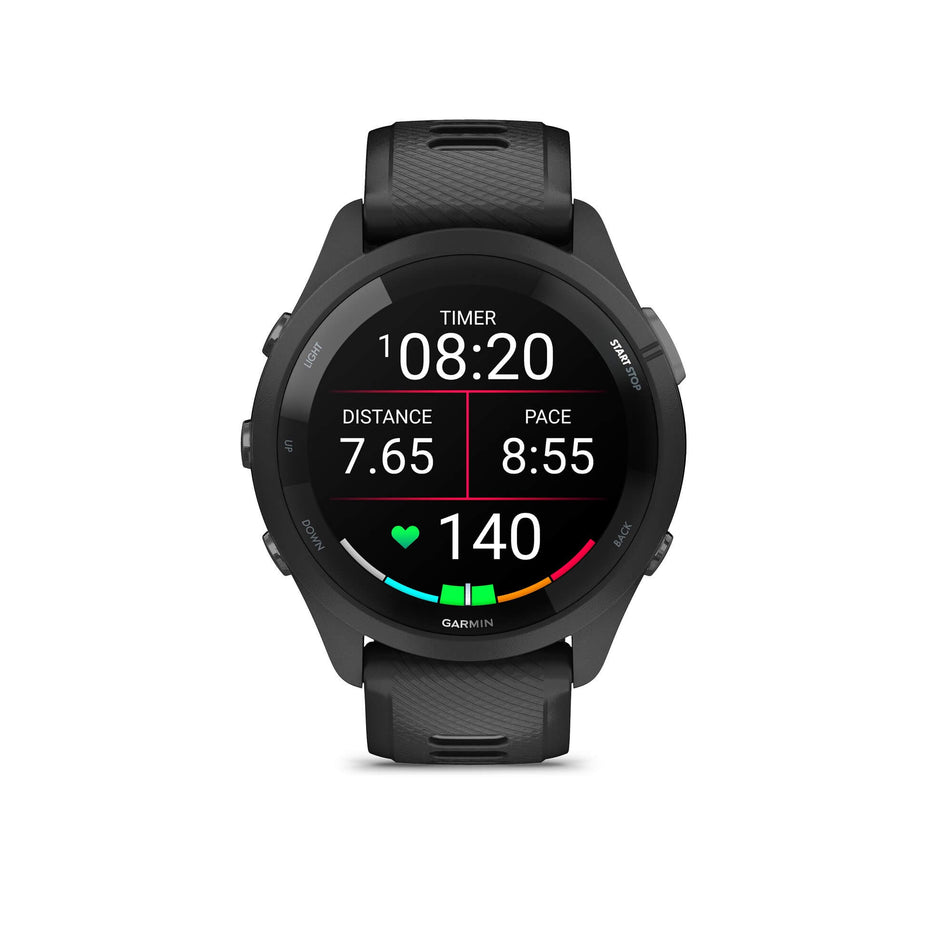 Front view of a Garmin Forerunner 265 Running Smartwatch in the black colourway. Example of some of the available metrics is visible on the screen. (7909875974306)