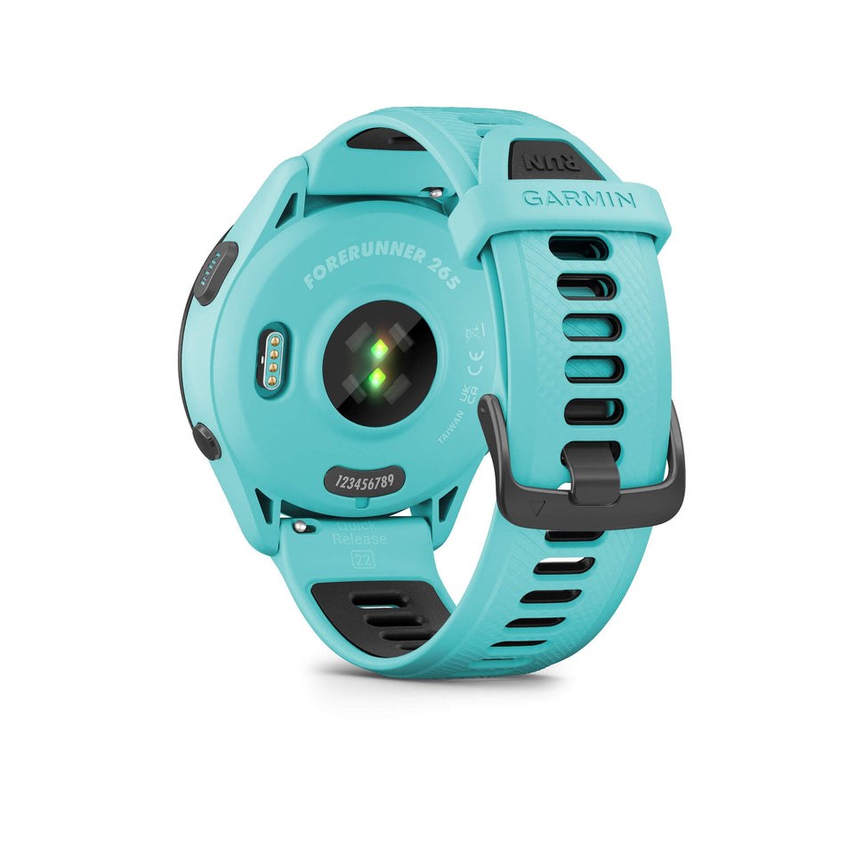 Back view of a Garmin Forerunner 265 Running Smartwatch in the Aqua colourway. Wrist-based heart rate monitor sensor is visible. (7909881446562)
