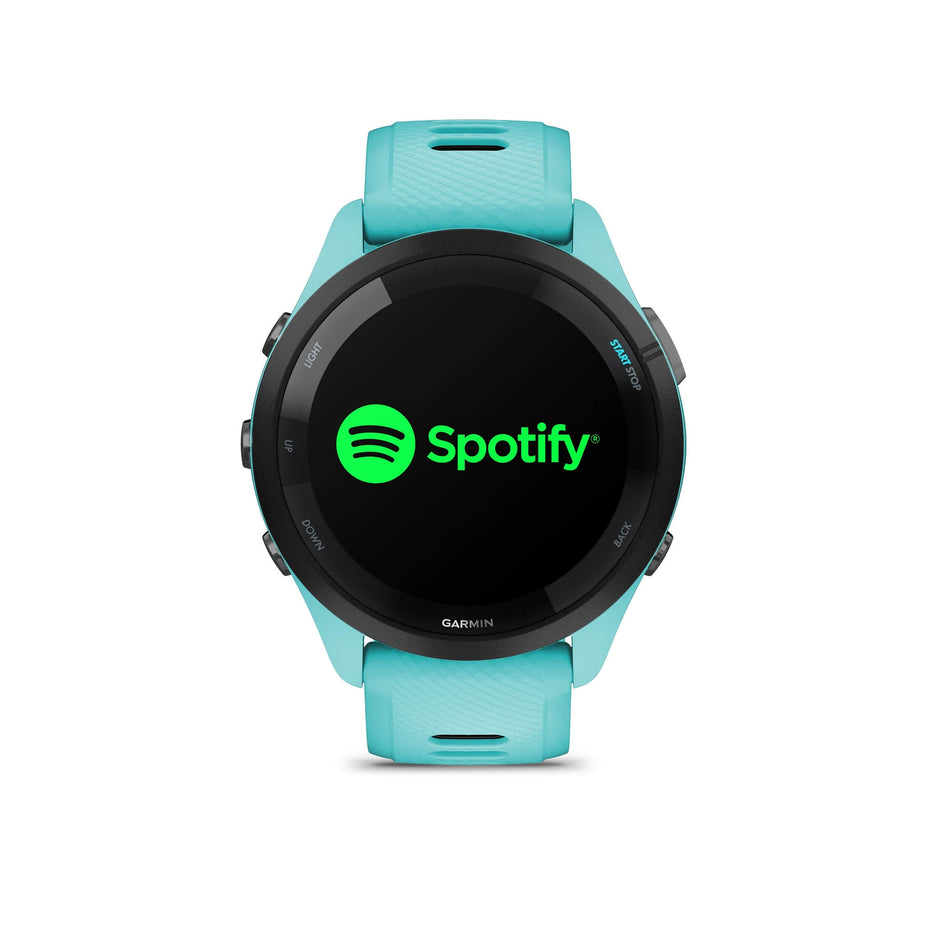 Front view of a Garmin Forerunner 265 Running Smartwatch in the Aqua colourway. (7909881446562)