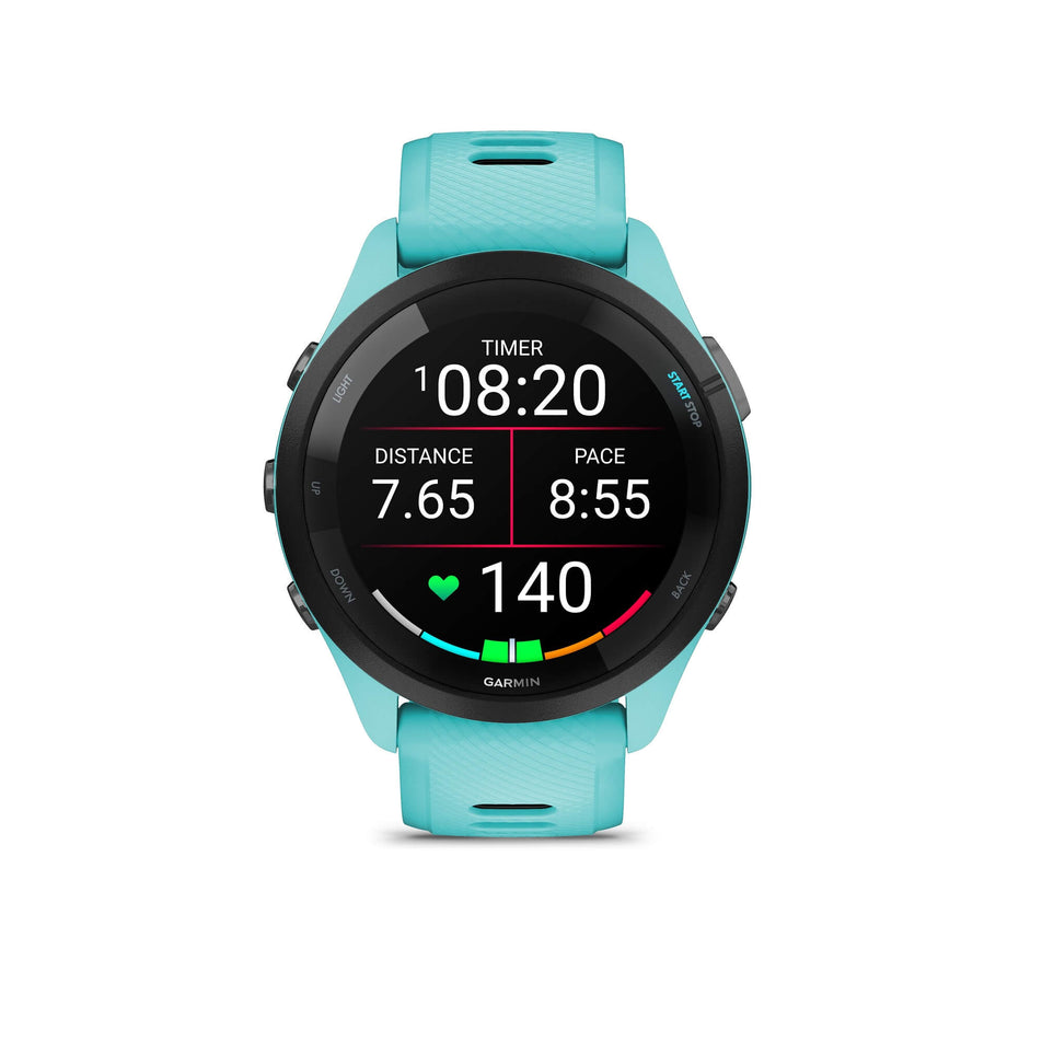 Front view of a Garmin Forerunner 265 Running Smartwatch in the Aqua colourway. Example of some of the metrics that can be shown on screen. (7909881446562)