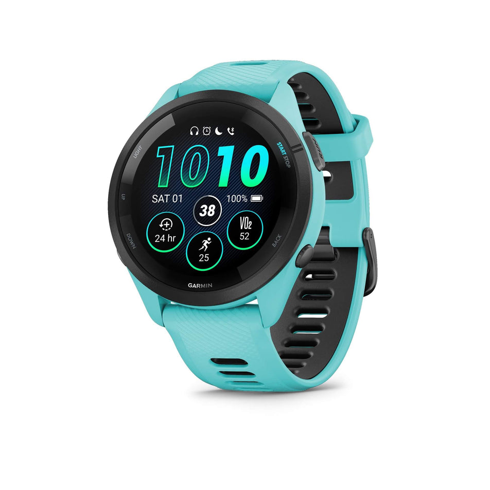 Front view of a Garmin Forerunner 265 Running Smartwatch in the Aqua colourway.  (7909881446562)