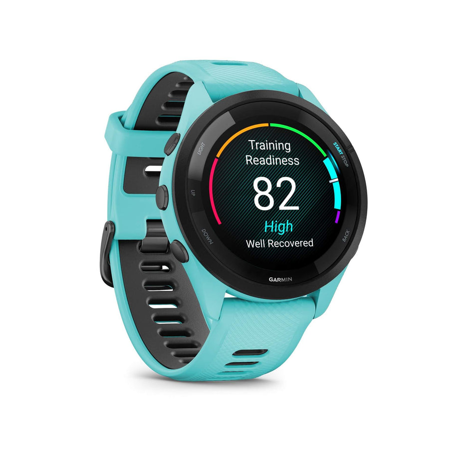 Front view of a Garmin Forerunner 265 Running Smartwatch in the Aqua colourway. Example of 'Training Readiness' score.  (7909881446562)