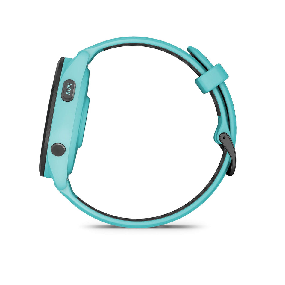 Side view of a Garmin Forerunner 265 Running Smartwatch in the Aqua colourway. (7909881446562)