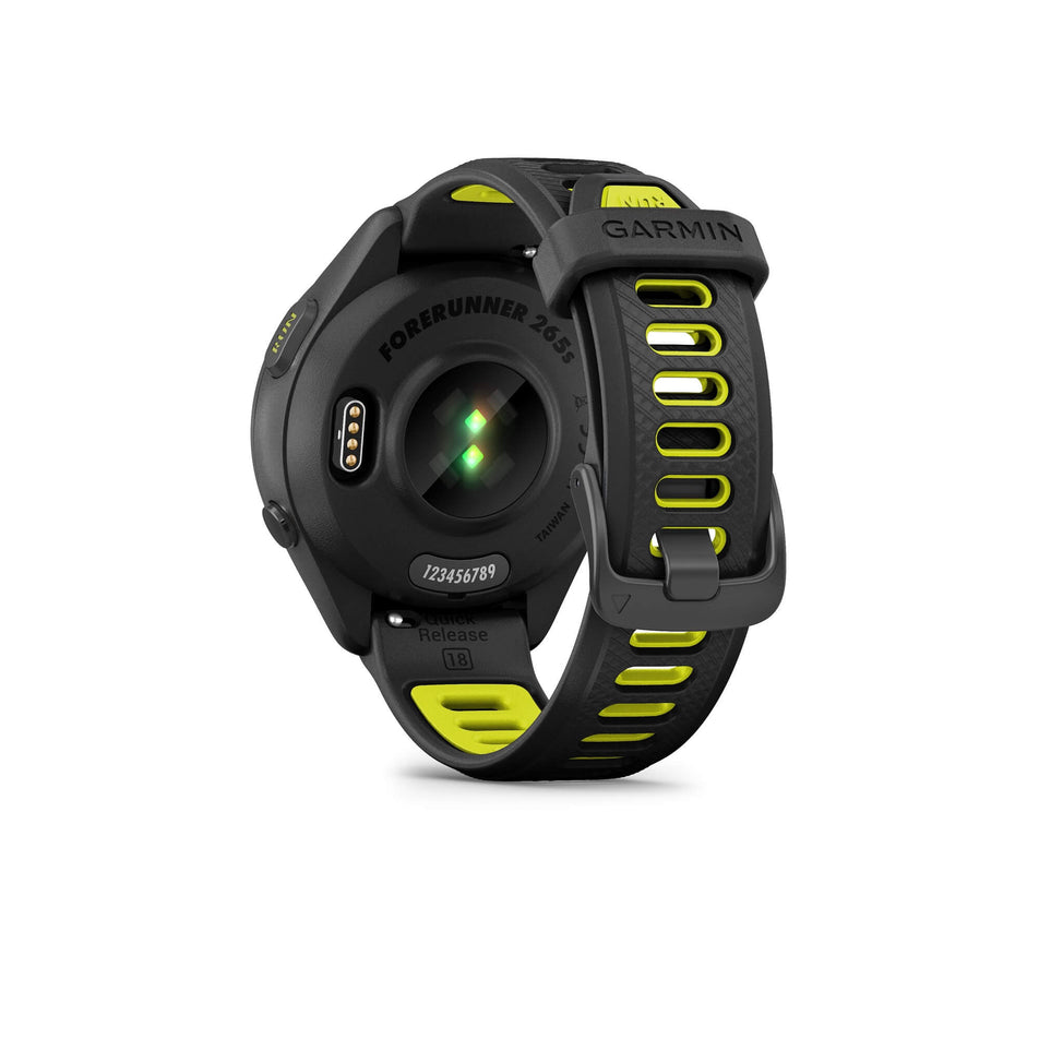 Back view of a Garmin Forerunner 265S Running Smartwatch in the black colourway. Wrist-based heart rate monitor sensor is visible.  (7909890850978)