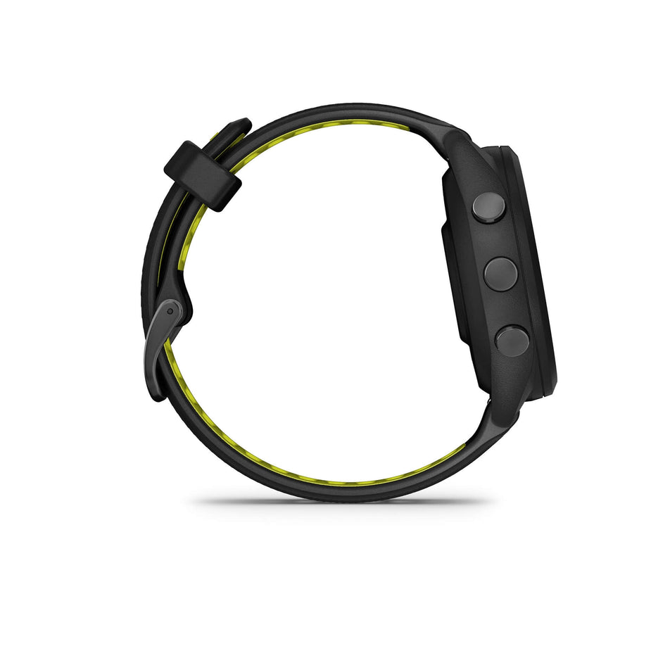 Side view of a Garmin Forerunner 265S Running Smartwatch in the black colourway. (7909890850978)
