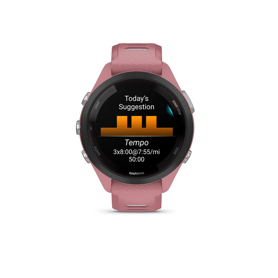 Front view of a Garmin Forerunner 265S Running Smartwatch in the pink colourway. Example of a suggested workout is visible on the screen.  (7909892685986)
