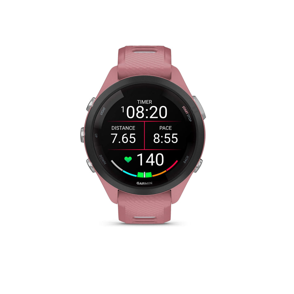 Front view of a Garmin Forerunner 265S Running Smartwatch in the pink colourway. Example of some of the available metrics is visible on the screen.  (7909892685986)