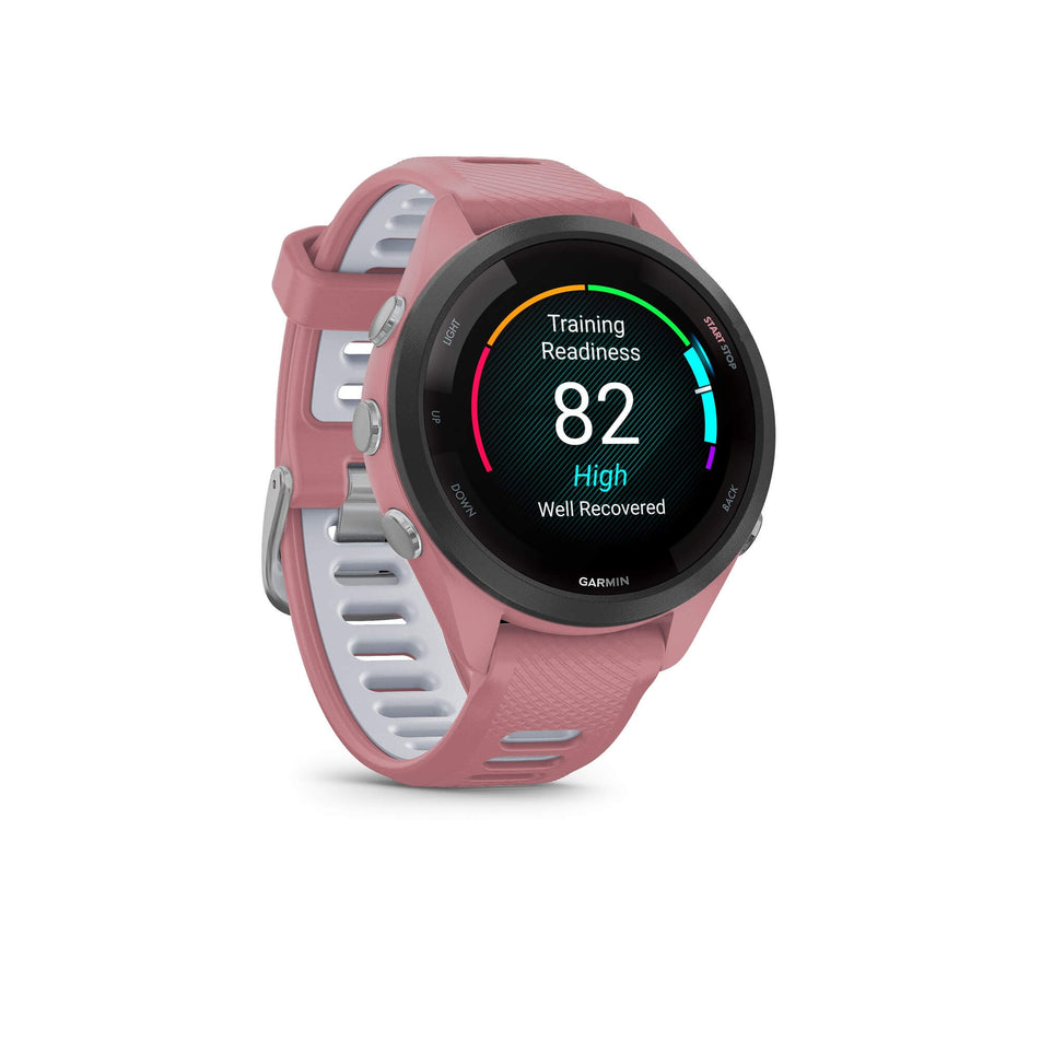 Front view of a Garmin Forerunner 265S Running Smartwatch in the pink colourway. Example of a Training Readiness score is visible on the screen. (7909892685986)