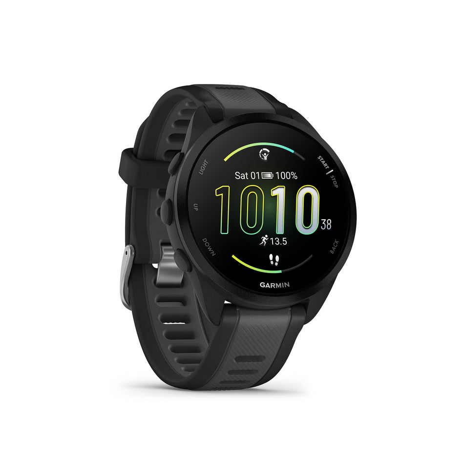 Front view of a Garmin Forerunner 165 Running Smartwatch in the Black/Slate Grey colourway (8186711736482)