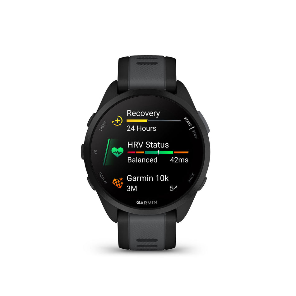 Front view of a Garmin Forerunner 165 Running Smartwatch in the Black/Slate Grey colourway (8186711736482)