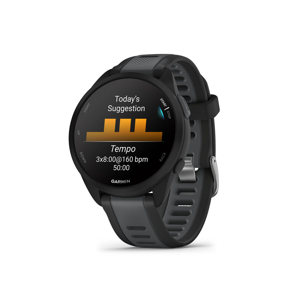 Front view of a Garmin Forerunner 165 Music Running Smartwatch in the Black/Slate Grey colourway (8186716520610)