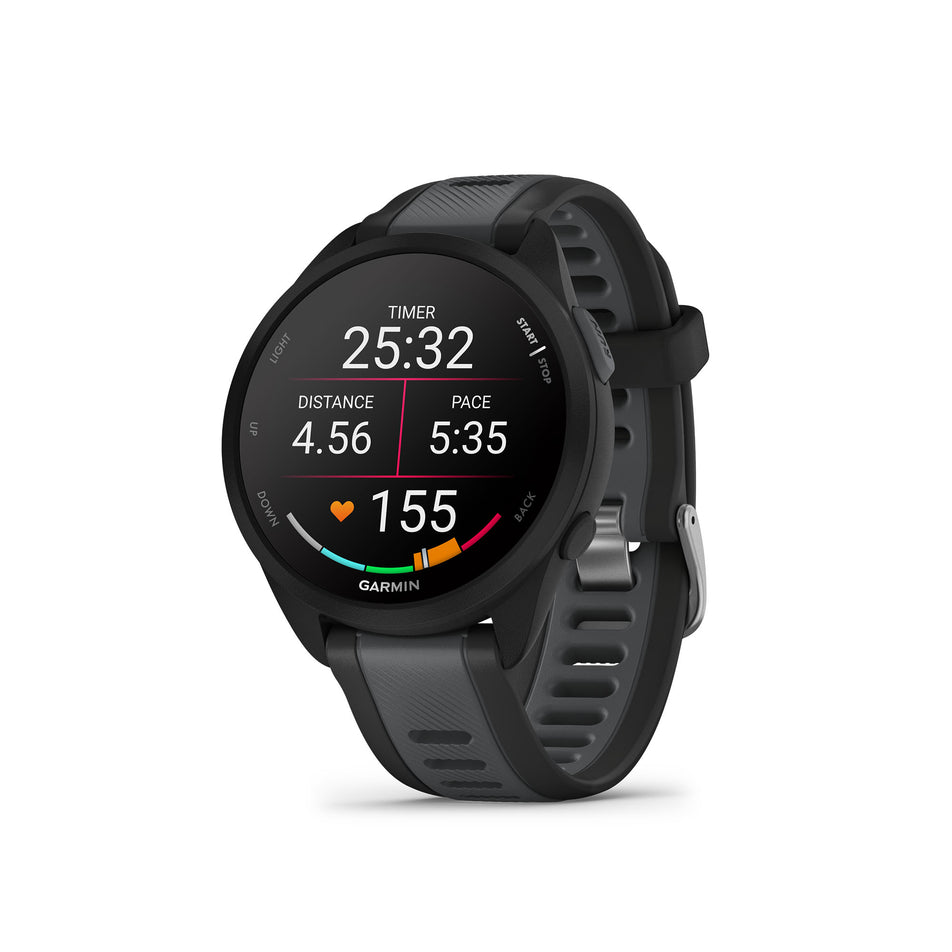Front view of a Garmin Forerunner 165 Music Running Smartwatch in the Black/Slate Grey colourway (8186716520610)