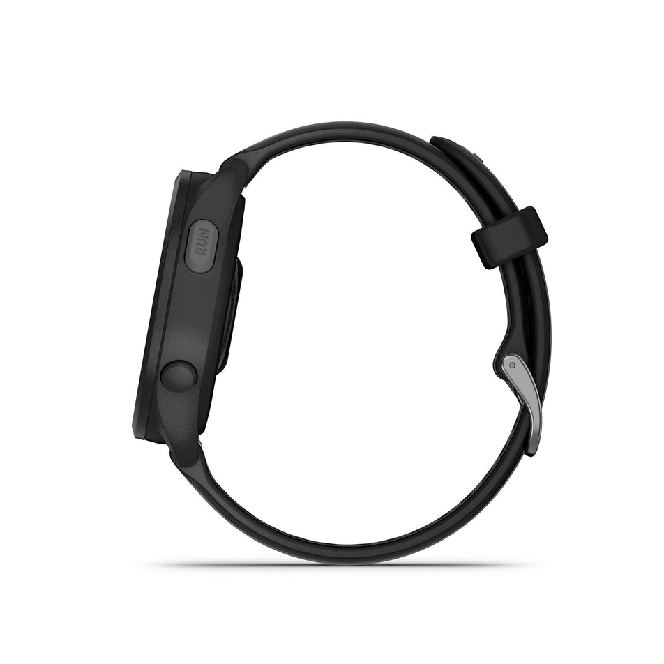 Side view of a Garmin Forerunner 165 Music Running Smartwatch in the Black/Slate Grey colourway (8186716520610)