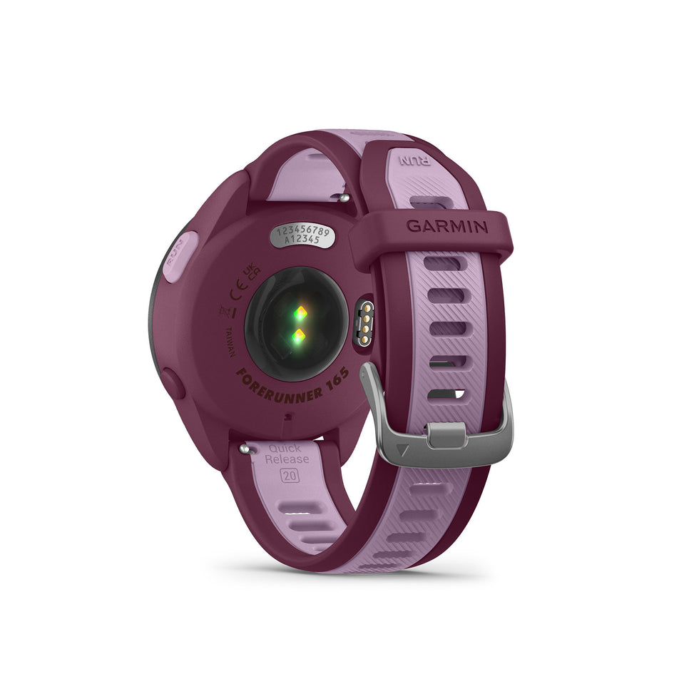 Back view of a Garmin Forerunner 165 Music Running Smartwatch in the Berry/Lilac colourway (8186727694498)